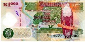 Polymer

1000k 2005
Multi
Governor C  M Fundanga
Front Value above see through dove & Coat of Arms, Jacaranda tree, Fish Eagle 
Rev Aardvak’s head, Sorghum farming, Chain Breaking Statue Banknote