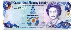 $1 2003
Multi
Financial Secretary ?
Managing Director Mrs. C Scotland 
Front Fish, 500th Anniv Caymen Isls & Coat of Arms, HRH
Rev Coral & Fish
Security Thread
Watermark Turtle
C Series Banknote
