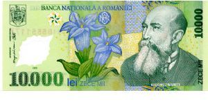 Polymer
10,000l  2000
Green/Blue/Gold
Bank Governor M C Isarescu 
Chief Cashier I Nitu
Front See through window, Flower, Nicolas Iorga  
Rev Gold eagle and cross, Cathedral of Curtea de Arges, See through window Banknote