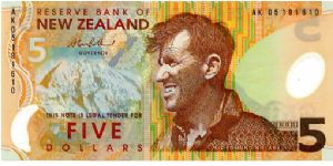 Polymer
$5 2005
Browns/Green/Black 
Governor Allan Bollard
Front Value, Everest, Sir Edmund Hillary 
Rev Penguin on sea shore Banknote