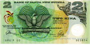 2 Kina 1991
9th S Pacific Games
Governor Sir Henry ToRobert
Secretary Morea Vele
Front Games logo, Value, National Crest (bird of paradise on a kundu drum & ceremonial spear), Value 
Rev Value in opposing corners, Head of a boar & various shell ornaments 
Green/Ocher Banknote