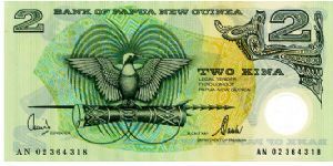 2 Kina 1999
Green/Ocher
Governor Leonard Wilson Kamit
Secretary Koiari Tarata
Front Value, National Crest (bird of paradise on a kundu drum & ceremonial spear), Value 
Rev Value in opposing corners, Head of a boar & various shell ornaments Banknote
