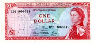 East Carribean Currency Authority

$1 1965/85  (Barbados?)
Red/Blue/Purple
Chairman ?
3 Directors
Front Map, Geometric design with value above a fish, Young QEII
Rev A town by the coast
Security Thread
Watermark Queens Head Banknote