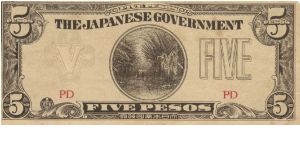 PI-107a buff paper Philippine 5 Pesos note under Japan rule, block letters PD. Banknote