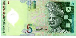 Malaysia Polymer
5 Ringgit 2004 
Green/Purple
Governor Z A Aziz 
Front See through window showing Prime Minister's office at Putrajaya, Hibiscus National flower Top & Bottom, 1st King of Malaysia, Seri Paduka Baginda Yang di-Pertuan Agong
Rev landmark buildings, the KL International Airport, the Petronas Twin Towers, and a map showing Putrajaya and Cyberjava. Banknote