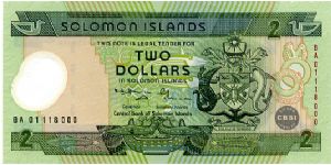 Solomon Islands Polymer

$2 21/06/01
Green/Gray
Silver Jubilee of the Central Bank of Solomon Islands
Governor R N Houenipwela
Secretary Finance  George Kiriau
Front  Coat of Arms, Wood carvings of porpoises, angelfish and a food bowl bottom center, Two porpoises form a central design
Rev Men and children driving fish into shallow water to be speared. Banknote