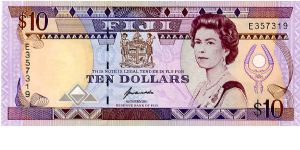 $10 1992
Purple/Brown/Ocher
Governor
Front Coat of arms above value QEII
Rev Native Fijians doing a War dance
Security Thread
Watermark Fijian Native Head Banknote