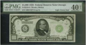 RARE 28 LIGHT GREEN SEAL!!

1000 dollars

1928 LGS CHICAGO 

S/N:G00113671A

FR. 2210-G 

Bid Via Email Banknote