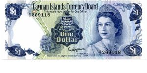 Cayman Islands
$1 1985 
Blue/Gree/Purple
Chairman ?
Front Fish, Treasure Chest & Coat of Arms, HRH
Rev Value, Reef & Doctor Fish, Value above blank cachet
Security Thread
Watermark Turtle
Series A Banknote
