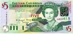 Antigua 
$5 2003
Multi
Governor K D Venner
Front Fish, Turtle,QEII, Silver foil fish & ECCB 
Rev Admiral House Antigua & Barbuda, Gold fish over map, Trafalgar falls
Security Thread
Watermark Queens Head Banknote