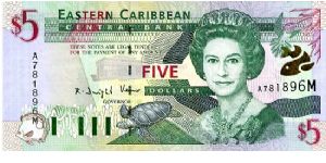 Montserrat
$5 2000    
Multi
Governor K D Venner
Front Fish, Turtle, QEII, Silver foil fish 
Rev Admiral House Antigua & Barbuda, Gold fish over map, Trafalgar falls
Security Thread
Watermark Queens Head Banknote
