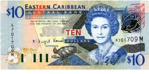East Caribbean States 

Montserrat 
$10 2003
Governor K D Venner
Front Fish, Turtle, Goverment House, QEII, Silver foil fish & ECCB  
Rev Admiralty Bay, Map, The Warspite, Pelican in flight,  fish
Security Thread
Watermark Queens Head Banknote