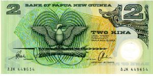2k 1995
Green/Ocher
Governor Koiari Tarata
Secretary Rupa Mulina
Front Value, National Crest (bird of paradise on a kundu drum & ceremonial spear), Value 
Rev Value in opposing corners, Head of a boar & various shell ornaments Banknote