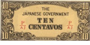 PI-104b Philippine 10 centvos note under Japan rule, fractional block letters P/AJ Banknote