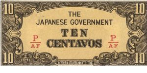 PI-104b Philippine 10 centavos note under Japan rule, fractional block letters P/AF. Banknote
