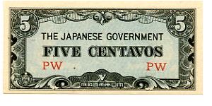Japanese Occupation
Series 1 1942
5c
Blue/Black
Front Value in Block Letters
Rev Value in Fancy scrollwork
Solid serial Banknote