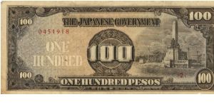 PI-112a Philippine 100 Pesos note under Japan rule, plate number 2. Banknote