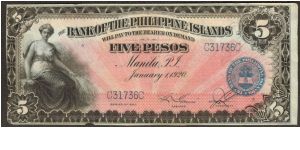 p13 1920 BPI Bank of the Philippine Islands 5 Peso Banknote