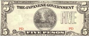 PI-107b Philippine 5 Pesos Counterfeit note under Japan rule, Block letters PD, white paper. Banknote