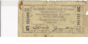 S-334 Iloilo Treasury Certificate 50 centavos note with initials smc, pav, and mvb. Banknote