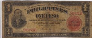 PI-89b RARE Philippine 1 Peso Treasury Certificate processed to simulate used currency at Bureau of Standards. Banknote