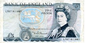 £5 Jun 1980
Blue
Chief Cashier D Somerset 1980-1988  
Front QEII
Rev Duke of Wellington
Security thread
Watermark QEII Banknote