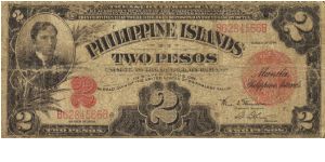 S-69c RARE Philippine Islands 2 Pesos note W/O underprint. Banknote