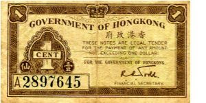1c 1941
Brown/Red
Front Value in English Royal Crown
Rev Nalue in English & Chinese Banknote
