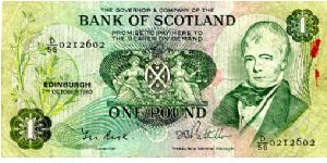 Bank of Scotland
£1 7 Oct 1983
Green/Pink
Governor T N Risk
Treasurer & General Manager D B Pattullo 
Front Banks Arms in center & Sir Walter Scott to the right
Rev Shield & Thistles flanked by ship & Pallas emblem 
Security thread Banknote