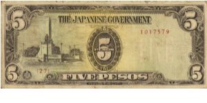 PI-110 Philippine 5 Pesos replacement note under Japan rule, plate number 27. Banknote