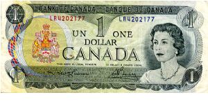 $1 1973 Ottowa Gray/Green/Multi
Governor G.K. Bouey
Deputy Governor R W Lawson
Front Value in corners & Center, Coat of Arms, HRH
Rev Value in corners,Parliament Hill from across the Ottawa River
Watermark  No Banknote