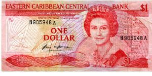 Antigua
$1 1985/88 
Red/Green/Ocher
Governor Sir Cecil Jacobs 
Front Geometric design, QEII, Map 
Rev A town by the coast
Security Thread
Watermark Queens Head Banknote