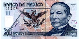 20P 2003 Polymer
Blue/Terracotta
Chief Cashier Maria E H H Barba
Deputy Governor Guillermo G García
Front See through window with the #20, Coat of Arms, Benito Juarez 
Rev Monument to Benito Juarez 
Series V Banknote