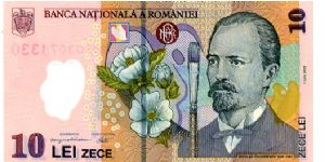 10 Lei 2005 Polymer 
Multi
Bank Governor M C Isarescu 
Chief Cashier I Nitu
Front Hollyhock & Paintbrush,  Painter Nicolae Grigorescu 1838/1907  
Rev Country house & Painting the 'Rodica' Banknote