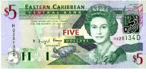 $5 2003
Multi
Governor K D Venner
Front Fish, Turtle, QEII, Silver foil fish & ECCB  
Rev Admiral House Antigua & Barbuda, Gold fish over map, Trafalgar falls
Security Thread
Watermark Queens Head Banknote