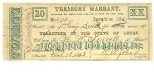 Texas $20 Treasury Warrant (Civil)

1863 Banknote