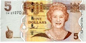 $5 2007
Brown/Blue/Green
Front Value above Kato Ni Masima, QEII, Coat of arms
Rev Crested Iquana, Balaka Palm, Masiratu 
Security thread
Watermark Fijian Native's Head Banknote