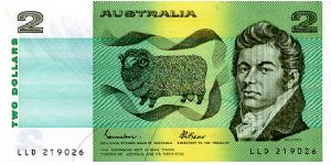 $2 1984/85
Green/Gray
Governor Robert Johnston.
Sec Treasury Bernie Fraser
Front Value, Merino Sheep; John MacArthur
Rev William Farrer; wheat Banknote