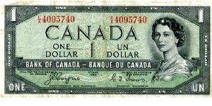 $1 9 Sep 54
Green/Black
Devil Head, Missing hair dye
Governor  J E Coyne
Deputy Governor  G F Towers
Front Value in corners,  QEII
Rev Saskatchewan prairie and sky Banknote