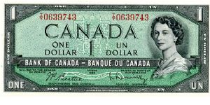 $1 1954 
Green/Black
Modified Portrait 
Governor Beattie
Deputy Governor Rasminsky
Front Value in corners,  QEII
Rev Saskatchewan prairie and sky Banknote