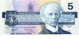 $5 1986
Blue
Governor M D Knight 
Deputy Governor Dodge 
Front Portrait of Sir Wilfrid Laurier
Rev Belted Kingfisher Banknote