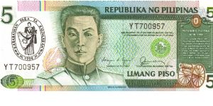 Philippine 5 Pesos note with Kababaihan Para Sa Kaunlaran overprint, notes in series, 3/5. Banknote