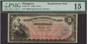 p13* 1920 5 Peso BPI Star/Replacement Note Banknote