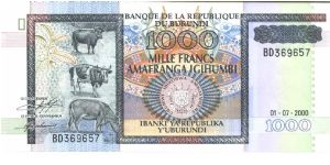 Greenish black and brown-violet on multicolour underprint. Cattle at left, arms at lower center Monument at center on back. Signature titles: LE GOUVERNEUR and LE 1ER VICE-GOUVERNEUR. Watermark: President Micombero. Banknote