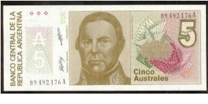 Argentina 5 Australes 1986 P324b (Justo Jose de Urquiza; Liberty - Progreso) Banknote
