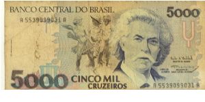 Brazil 5000 Cruzeiros 1990-1993 P232.  C. Gomes at center right, Brazilian youths at center.

Statue of Gomes seated, grand piano in background at center on back. Banknote