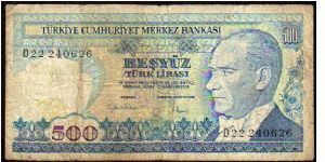500 Turk Lirasi - pk# 195 -L.14 Gennaio 1970 - 21.05.1984  Banknote
