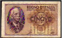KINGDOM - 5 Lire - pk# 28 - 1940-XVIII Banknote