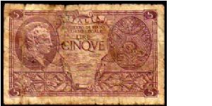 KINGDOM - 5 Lire - pk# 31 c - sign.Bolaffi / Cavallaro / Giovinco Banknote
