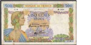 500 Francs - Pk 95 a - sign. de Bletterie / Rousseau / Favre-Gilly - 31.10.1940 Banknote